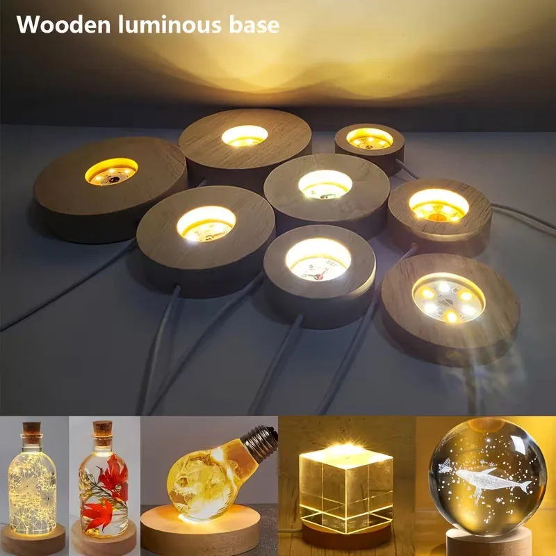 Resin Art Stand - Alas Lampu LED Bulat Kayu untuk