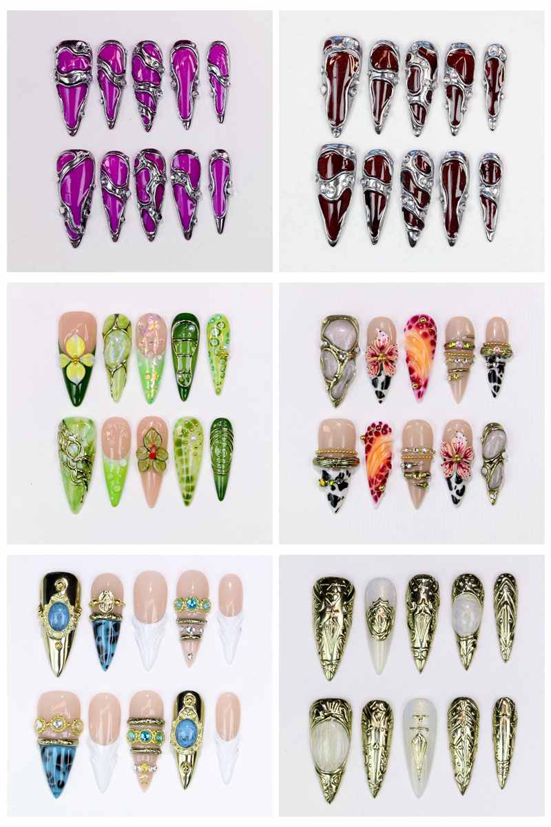 Resin Art Of Flowers - 10Pcs Kuku Palsu Stiletto Panjang Mengkilap